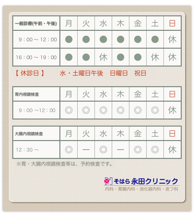 診療時間表|月〜土:9:00〜12:00、月・火・木・金:16:00〜19時|休診:水・土午後、日曜、祝日