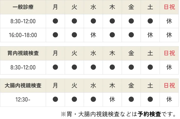 一般診療は、午前診療8:30‐12:00と午後診療16:00‐18:00です。水曜午後、土曜午後、日曜祝日全日がお休みです。